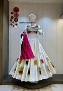 Embroidered Khadi Cotton Lehenga With Padded Blouse And Cotton Silk Dupatta-ISKWNAV280597115