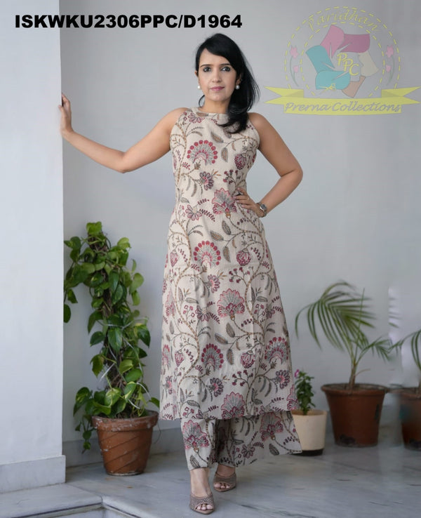 Kantha Kalamkari Printed Cotton A-Line Kurti With Kalamkari Printed Palazzo-ISKWKU2306PPC/D1964