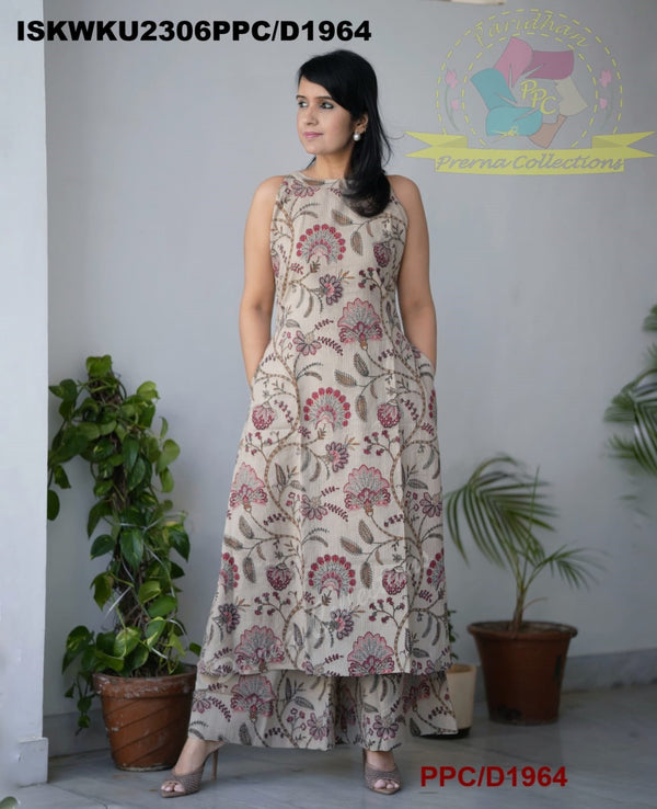 Kantha Kalamkari Printed Cotton A-Line Kurti With Kalamkari Printed Palazzo-ISKWKU2306PPC/D1964