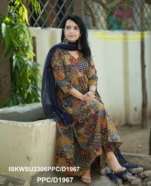 Ajrakh Printed Cotton Anarkali Kurti With Pant And Kota Doriya Dupatta-ISKWSU2306PPC/D1967