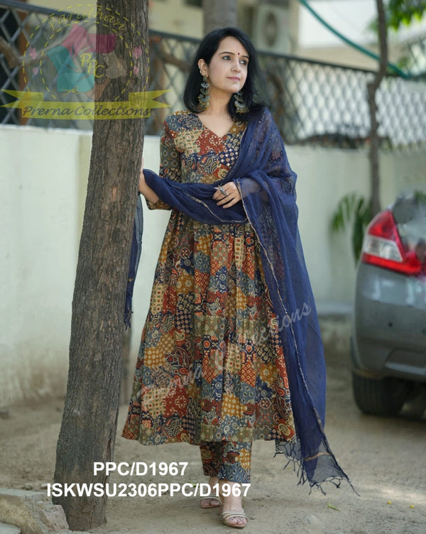 Ajrakh Printed Cotton Anarkali Kurti With Pant And Kota Doriya Dupatta-ISKWSU2306PPC/D1967