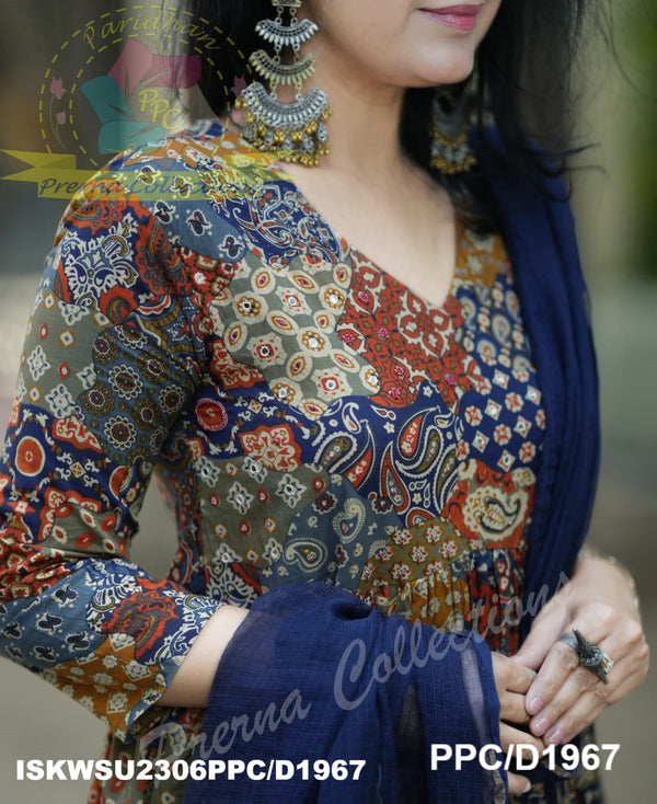 Ajrakh Printed Cotton Anarkali Kurti With Pant And Kota Doriya Dupatta-ISKWSU2306PPC/D1967