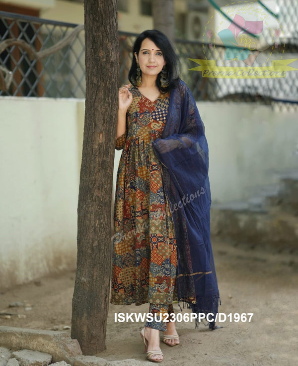 Ajrakh Printed Cotton Anarkali Kurti With Pant And Kota Doriya Dupatta-ISKWSU2306PPC/D1967