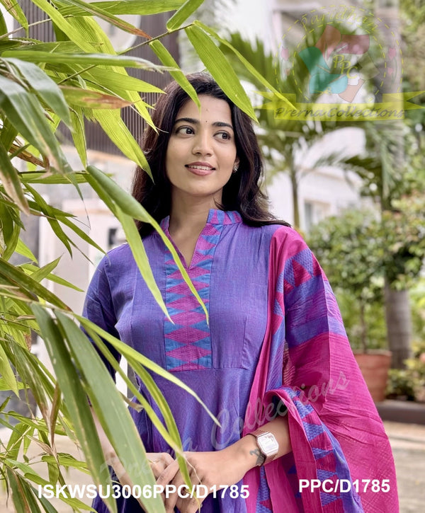 Handloom Cotton Anarkali Kurti With Pant And Maglagiri Cotton Dupatta-ISKWSU3006PPC/D1785