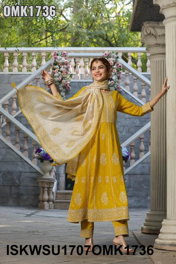 Embroidered Rayon Anarkali Kurti With Pant And Printed Dupatta-ISKWSU1707OMK1736