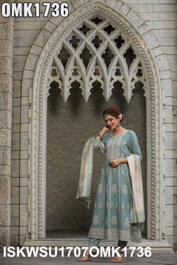 Embroidered Rayon Anarkali Kurti With Pant And Printed Dupatta-ISKWSU1707OMK1736
