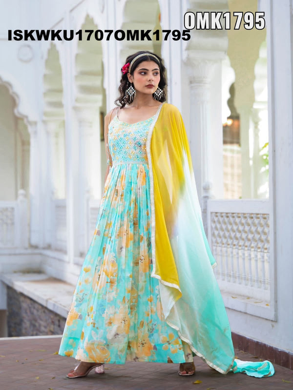 Floral Printed Malmal Cotton Anarkali Kurti With Dupatta-ISKWKU1707OMK1795