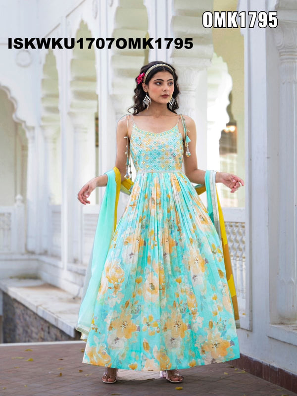 Floral Printed Malmal Cotton Anarkali Kurti With Dupatta-ISKWKU1707OMK1795