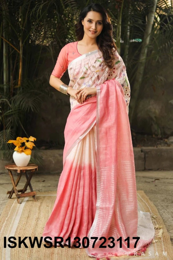 Embroidered Linen Saree With Blouse-ISKWSR130723117