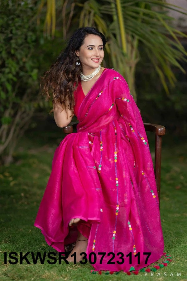 Embroidered Linen Saree With Blouse-ISKWSR130723117