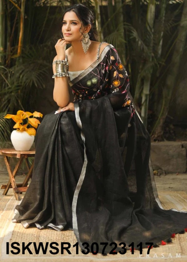 Embroidered Linen Saree With Blouse-ISKWSR130723117