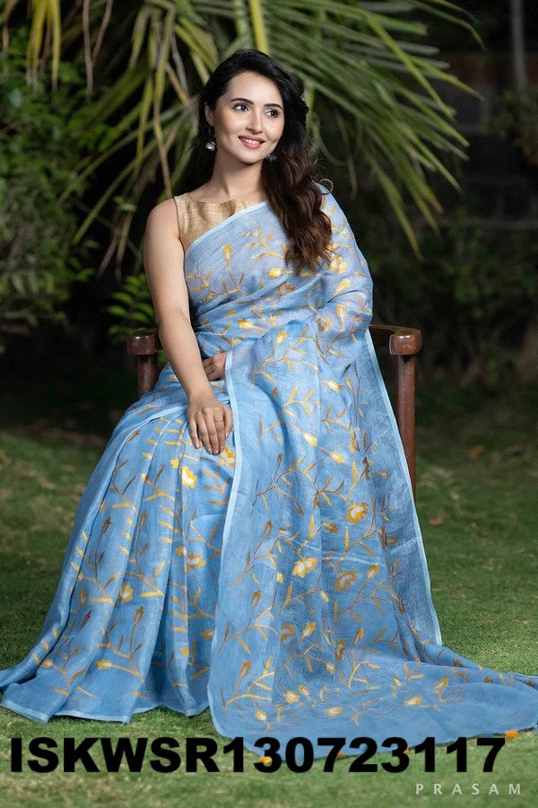 Embroidered Linen Saree With Blouse-ISKWSR130723117