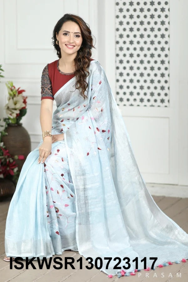 Embroidered Linen Saree With Blouse-ISKWSR130723117