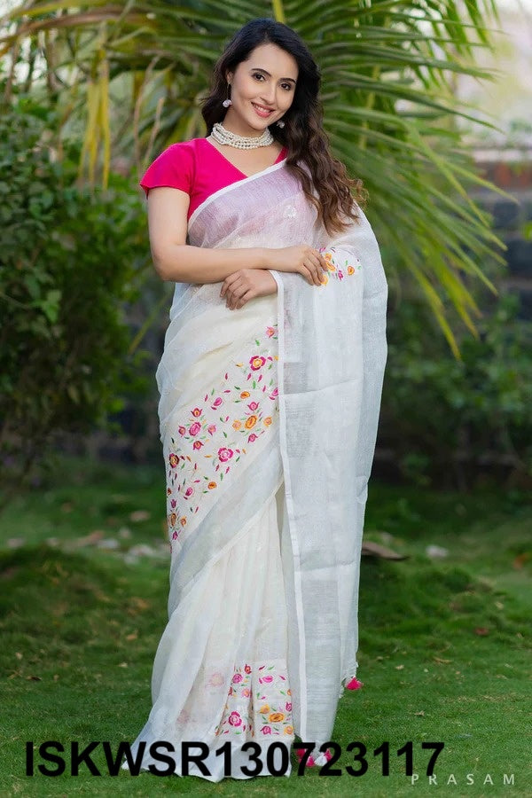 Embroidered Linen Saree With Blouse-ISKWSR130723117