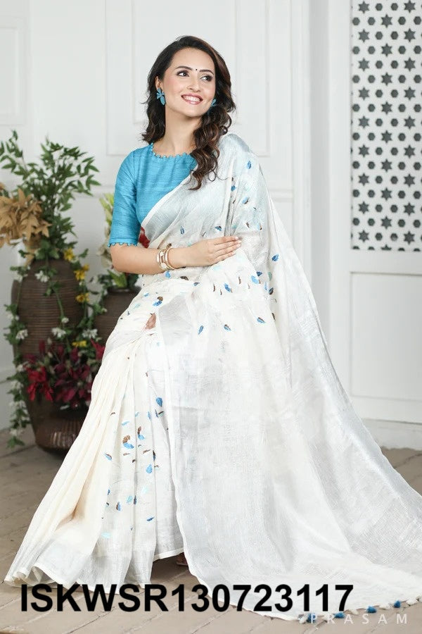 Embroidered Linen Saree With Blouse-ISKWSR130723117