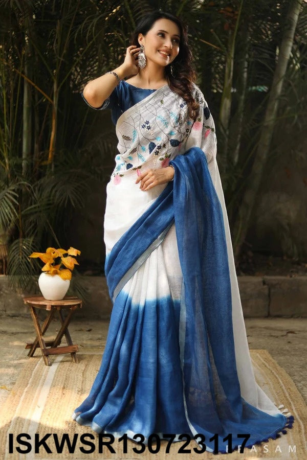 Embroidered Linen Saree With Blouse-ISKWSR130723117