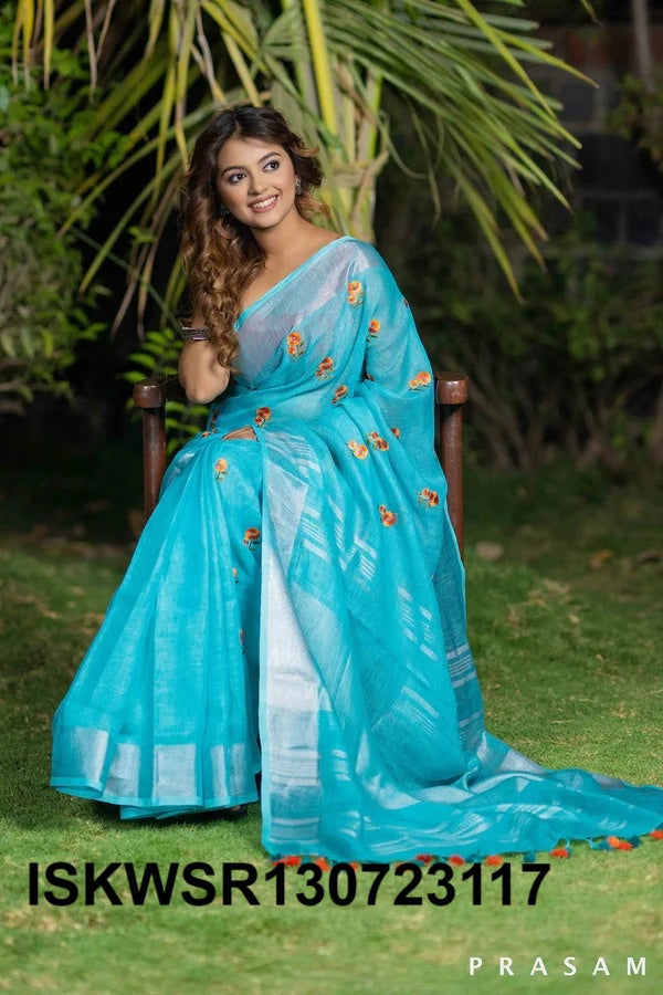 Embroidered Linen Saree With Blouse-ISKWSR130723117