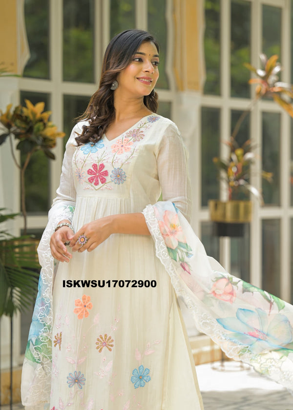 Embroidered Malmal Chanderi Kurti With Pant And Organza Dupatta-ISKWSU17072900