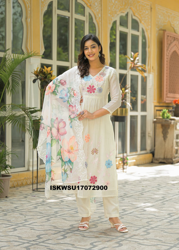 Embroidered Malmal Chanderi Kurti With Pant And Organza Dupatta-ISKWSU17072900