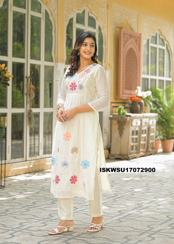 Embroidered Malmal Chanderi Kurti With Pant And Organza Dupatta-ISKWSU17072900