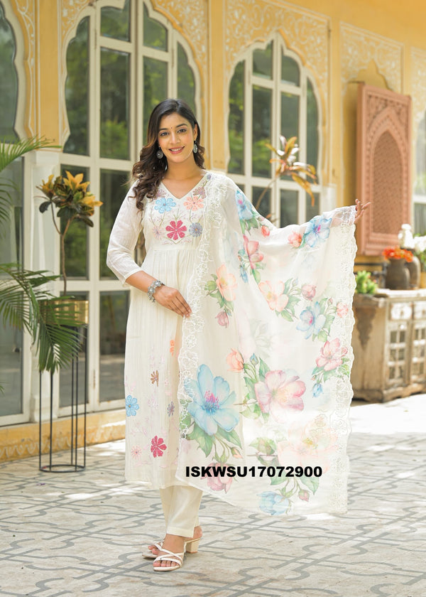 Embroidered Malmal Chanderi Kurti With Pant And Organza Dupatta-ISKWSU17072900
