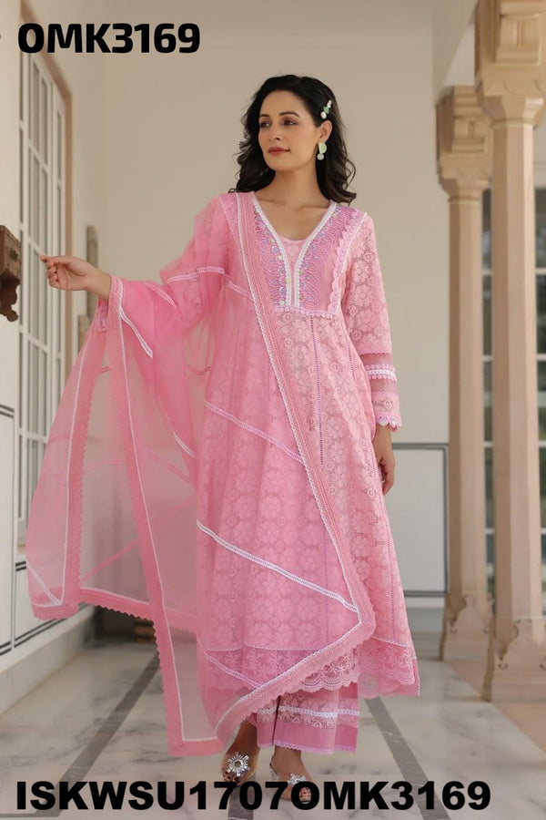 Net Schiffli Anarkali Kurti With Pant And Dupatta-ISKWSU1707OMK3169