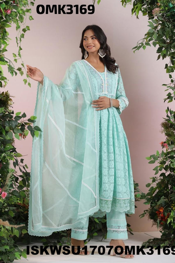 Net Schiffli Anarkali Kurti With Pant And Dupatta-ISKWSU1707OMK3169
