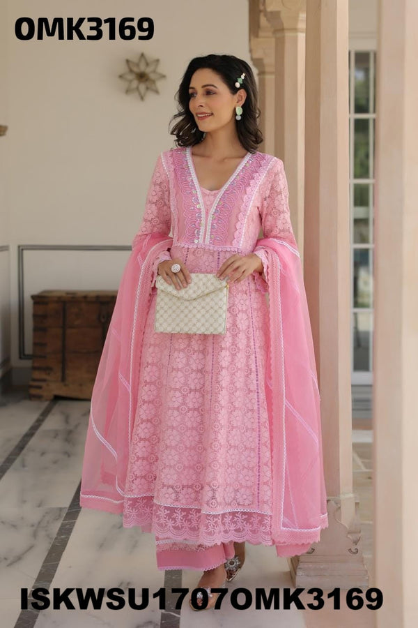 Net Schiffli Anarkali Kurti With Pant And Dupatta-ISKWSU1707OMK3169