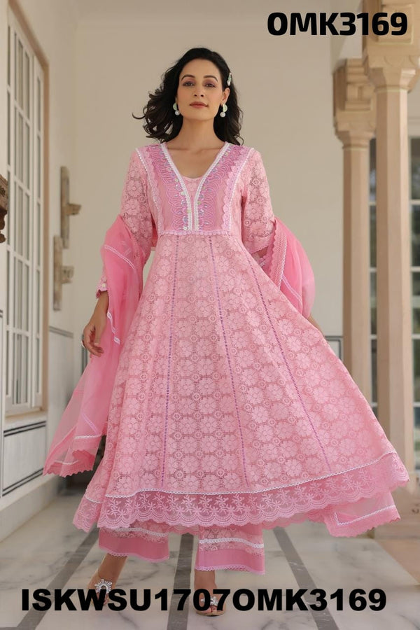 Net Schiffli Anarkali Kurti With Pant And Dupatta-ISKWSU1707OMK3169