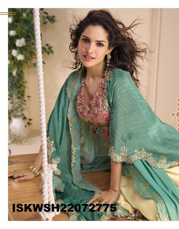 Embroidered Chinon Silk Crop Top With Sharara And Shrug-ISKWSH21072775