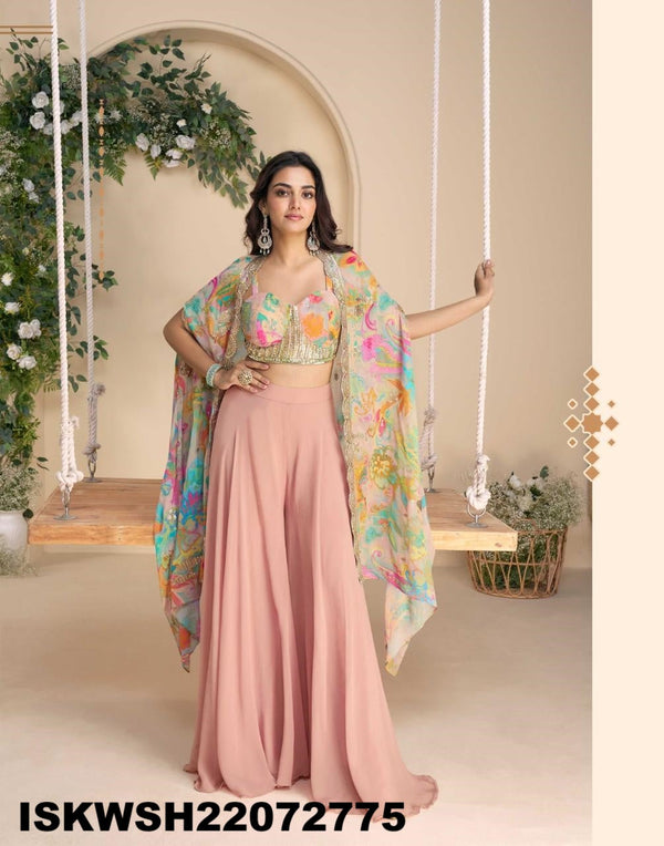 Embroidered Chinon Silk Crop Top With Sharara And Shrug-ISKWSH21072775