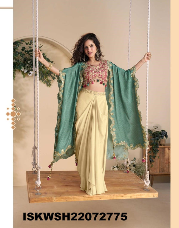 Embroidered Chinon Silk Crop Top With Sharara And Shrug-ISKWSH21072775