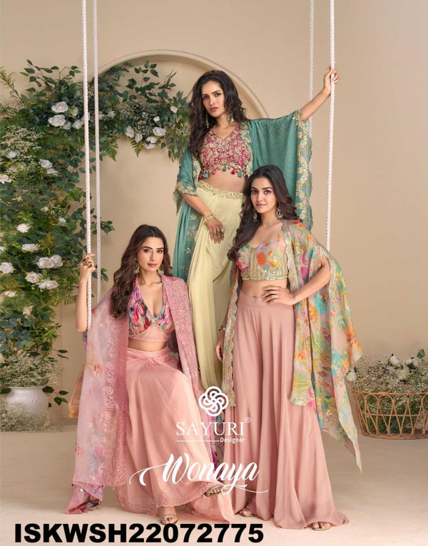 Embroidered Chinon Silk Crop Top With Sharara And Shrug-ISKWSH21072775