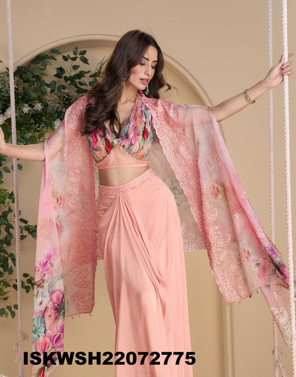Embroidered Chinon Silk Crop Top With Sharara And Shrug-ISKWSH21072775