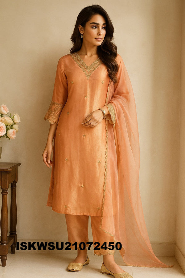 Embroidered Silk Kurti With Pant And Dupatta-ISKWSU21072450