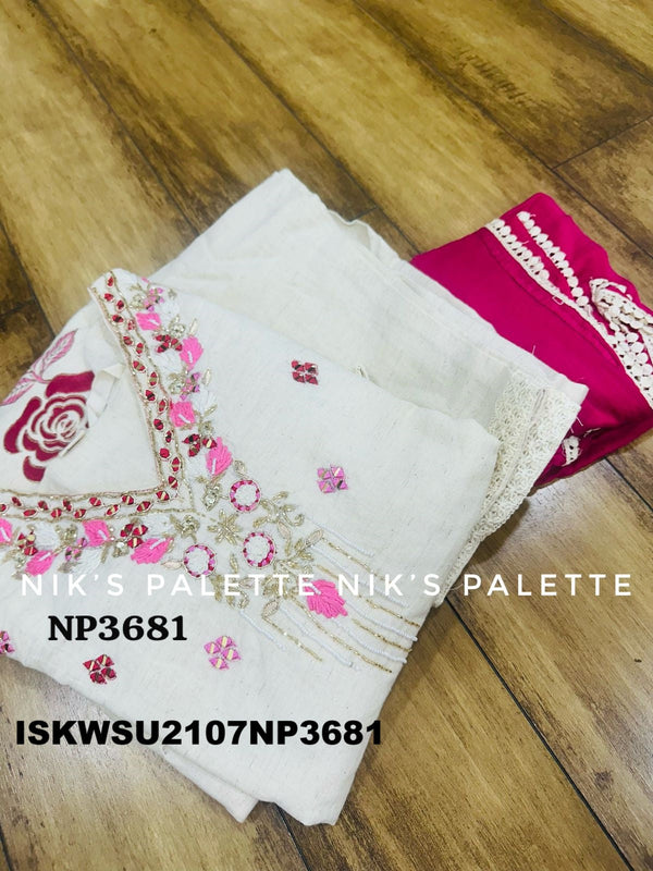 Embroidered Malmal Cotton A-Line Kurti With Schiffli Cotton Pant And Chiffon Dupatta-ISKWSU2107NP3681