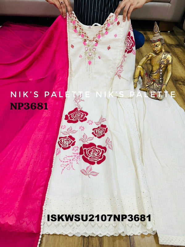 Embroidered Malmal Cotton A-Line Kurti With Schiffli Cotton Pant And Chiffon Dupatta-ISKWSU2107NP3681