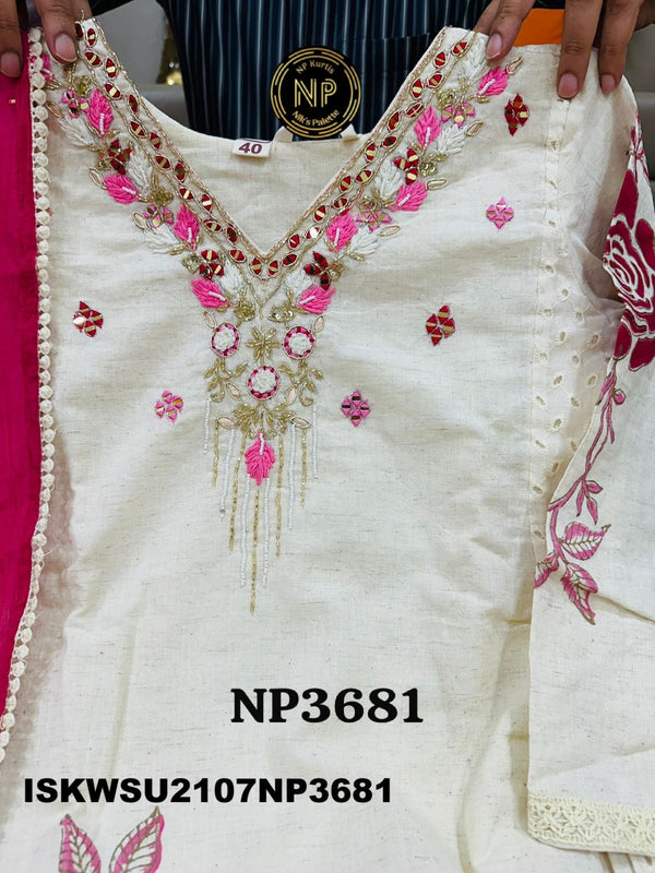 Embroidered Malmal Cotton A-Line Kurti With Schiffli Cotton Pant And Chiffon Dupatta-ISKWSU2107NP3681