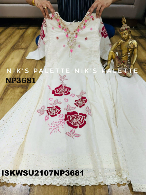 Embroidered Malmal Cotton A-Line Kurti With Schiffli Cotton Pant And Chiffon Dupatta-ISKWSU2107NP3681