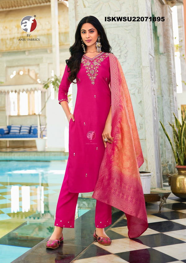 Embroidered Dola Silk Kurti With Silk Pant And Jacquard Dupatta-ISKWSU21071895