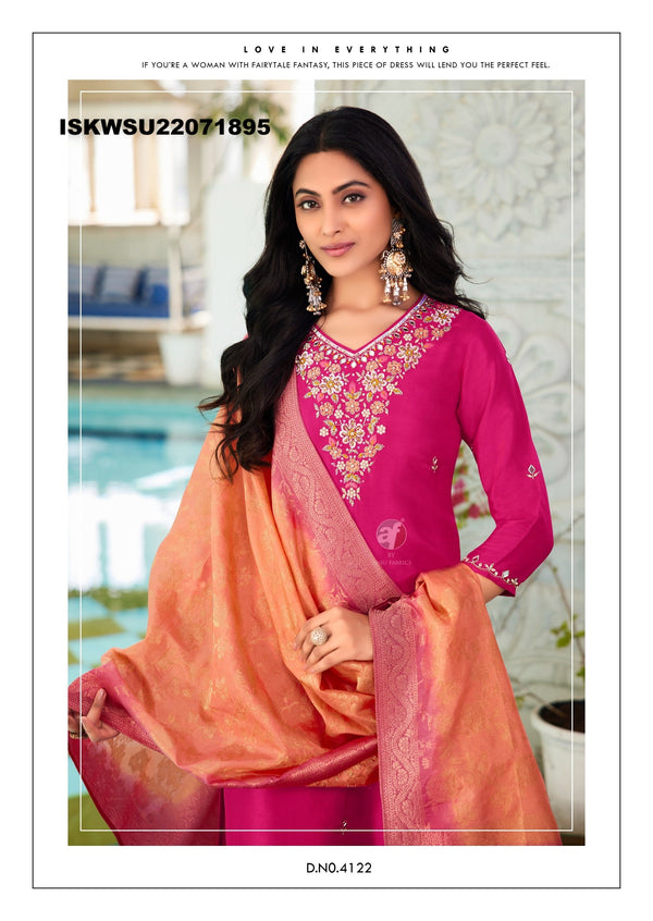 Embroidered Dola Silk Kurti With Silk Pant And Jacquard Dupatta-ISKWSU21071895