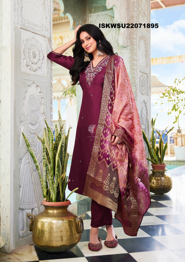 Embroidered Dola Silk Kurti With Silk Pant And Jacquard Dupatta-ISKWSU21071895