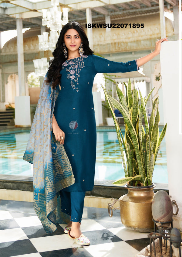 Embroidered Dola Silk Kurti With Silk Pant And Jacquard Dupatta-ISKWSU21071895