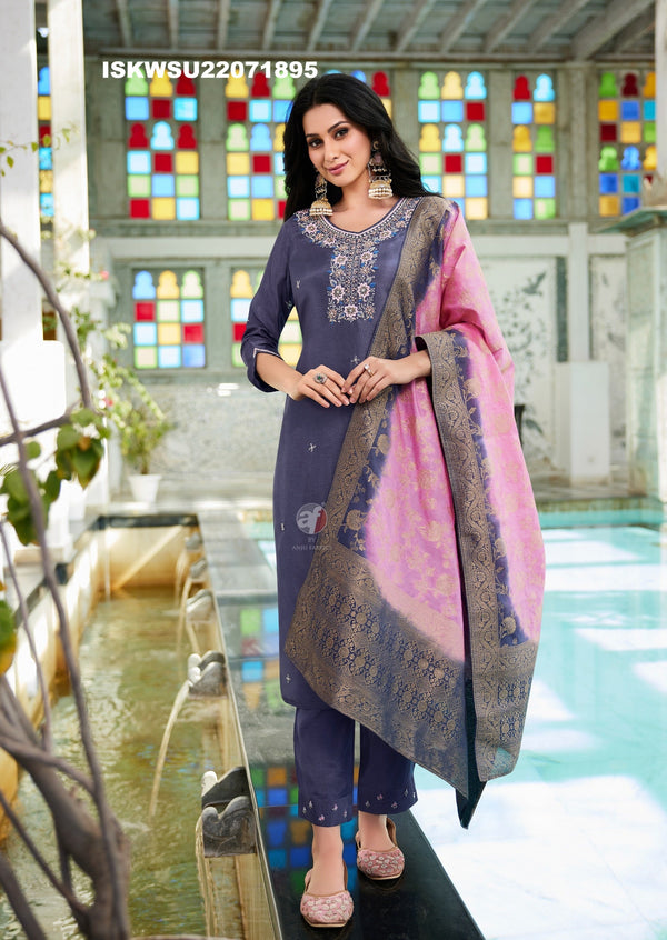 Embroidered Dola Silk Kurti With Silk Pant And Jacquard Dupatta-ISKWSU21071895