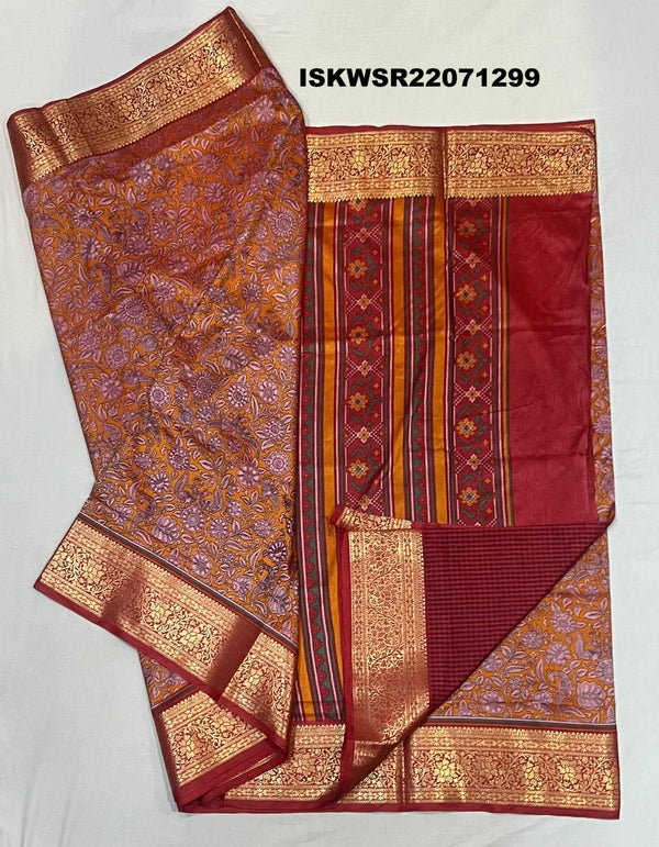 Digital Kalamkari Printed Silk Saree With Contrast Blouse-ISKWSR22071299