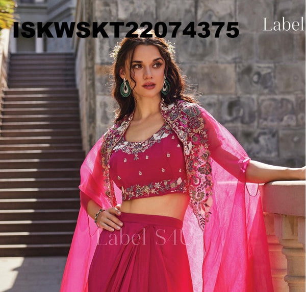 Silk Skirt With Crop Top And Embroidered Organza Shrug-ISKWSKT22074375