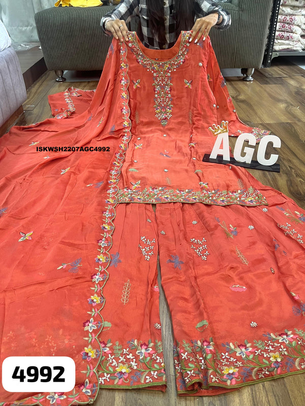 Embroidered Maslin Silk Kurti With Sharara And Dupatta-ISKWSH2207AGC4992