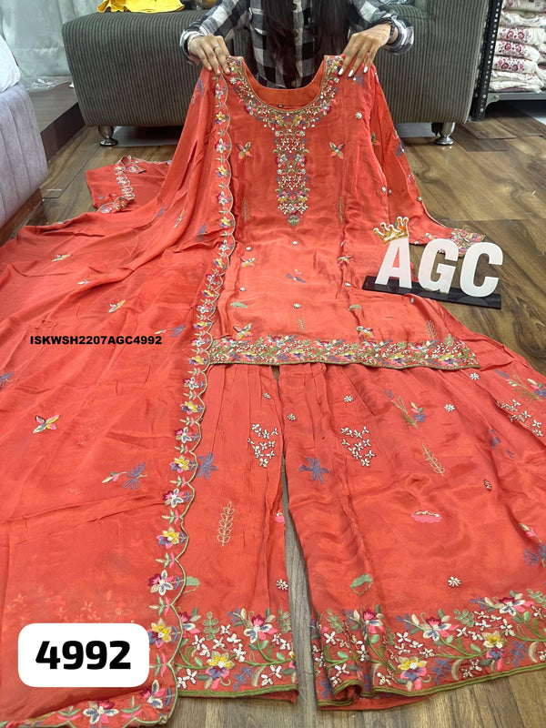 Embroidered Maslin Silk Kurti With Sharara And Dupatta-ISKWSH2207AGC4992