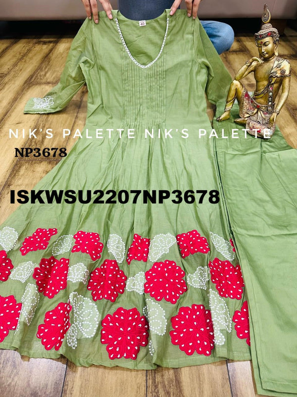 Embroidered Malmal Chanderi A-Line Kurti With Cotton Pant And Dupatta-ISKWSU2207NP3678
