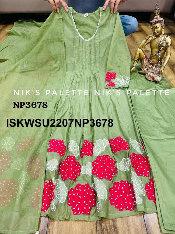 Embroidered Malmal Chanderi A-Line Kurti With Cotton Pant And Dupatta-ISKWSU2207NP3678